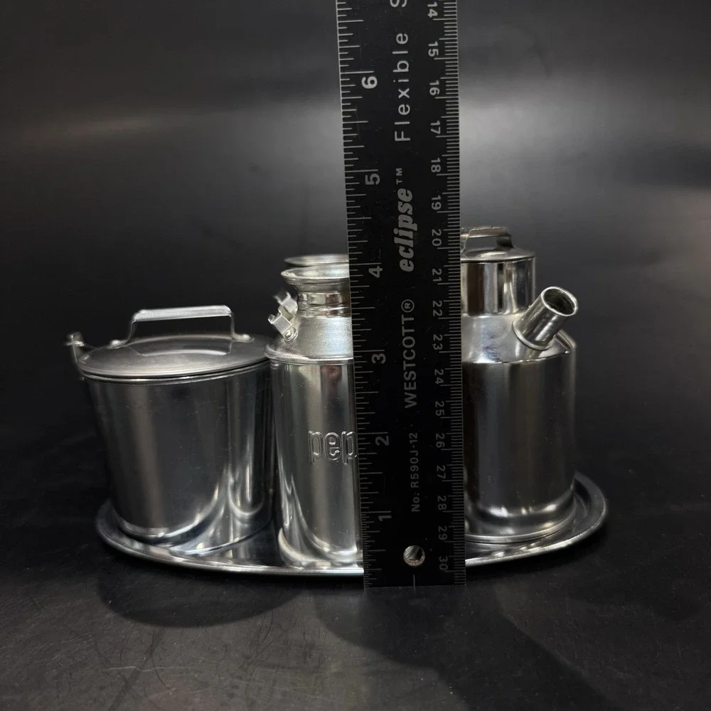 Vintage Mid Century Aluminum Kitchen Table‎ Condiment Set Made in Japan 9pc LNC
